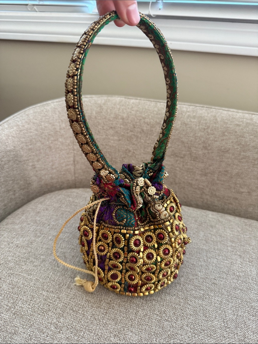 Anthropologie Gold Beaded Mini Potli with Green Handle and Red Accents